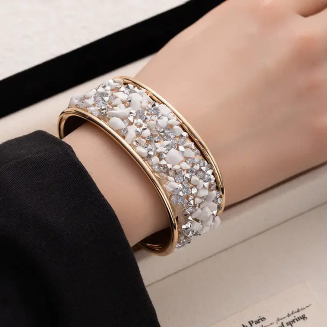 Mosaic Crystal & Raw Stone Open Cuff Bangle