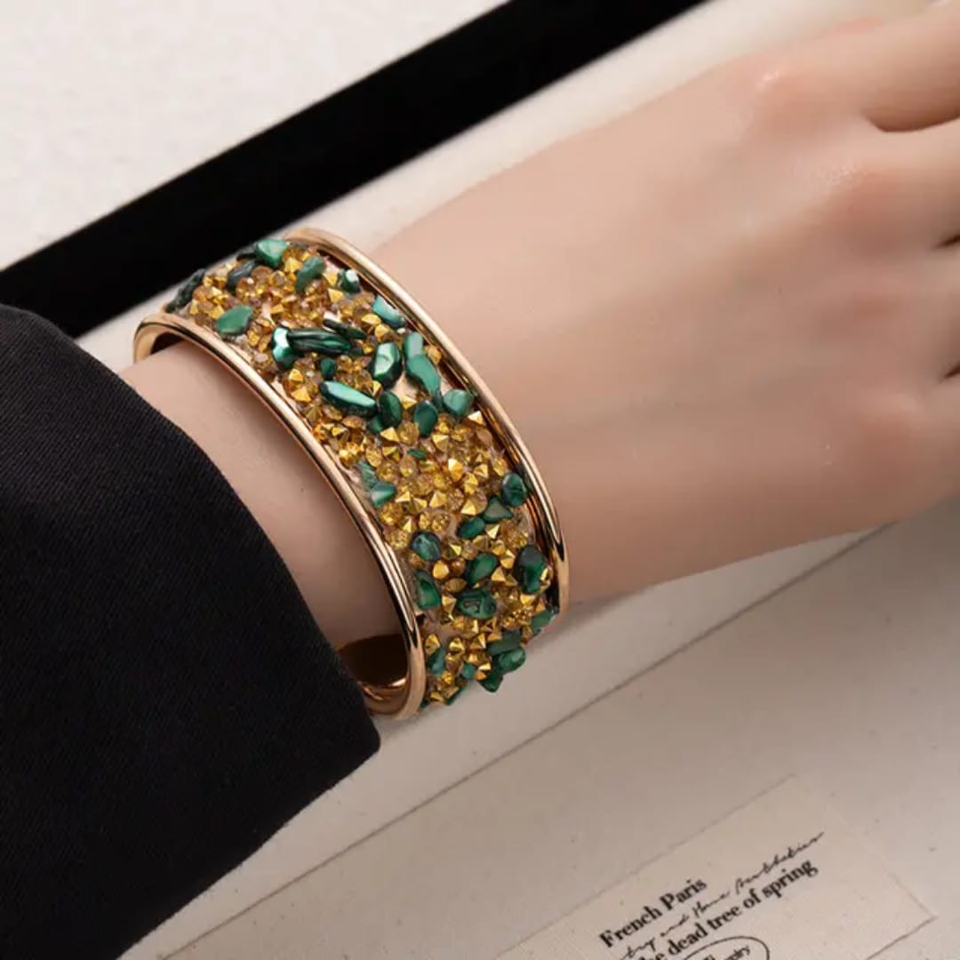 Mosaic Crystal & Raw Stone Open Cuff Bangle